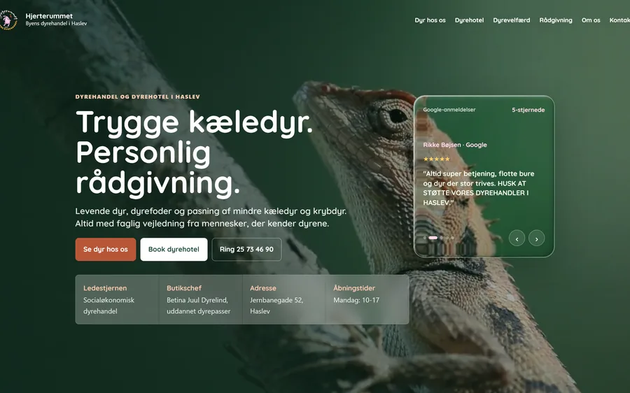 Hjemmesiden DongDynamics byggede for dyrehandlen Hjerterummet i Haslev