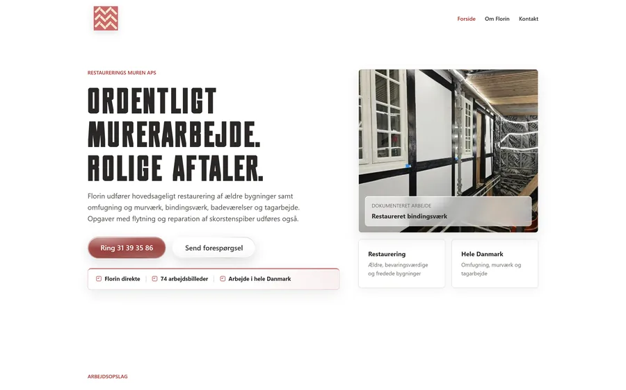 Hjemmesiden DongDynamics byggede for murerfirmaet Restaurerings Muren i Svebølle